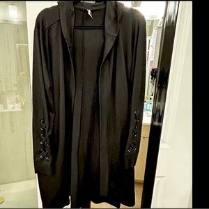 Black Longline, Hooded, Open-Front Cardigan w/ Lace-Up Sleeves.